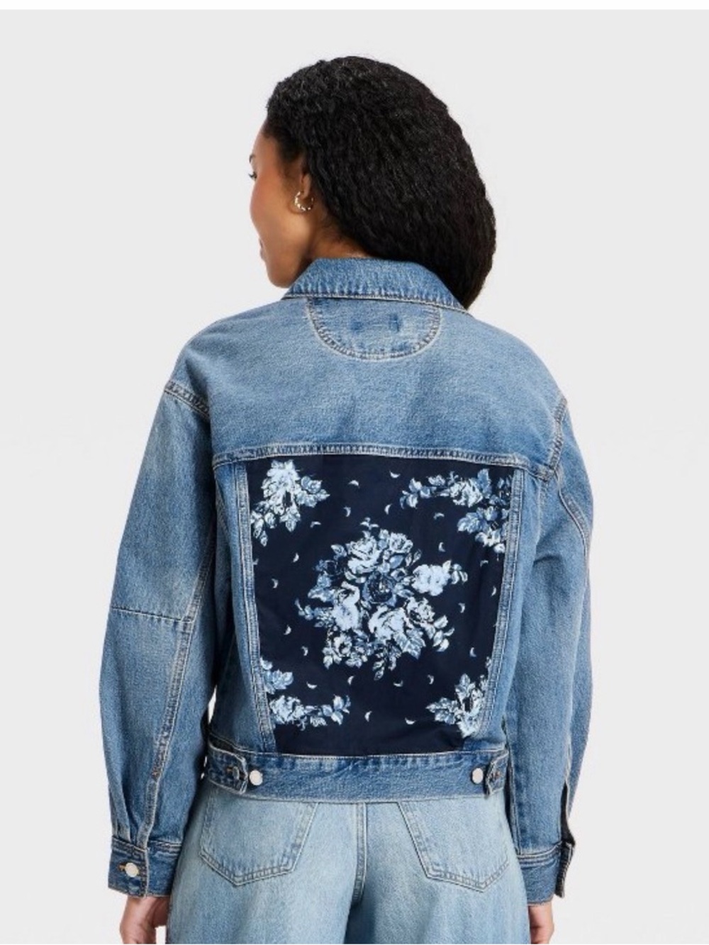 Universal Thread Light Wash Denim Jacket with Navy Floral Back Panel